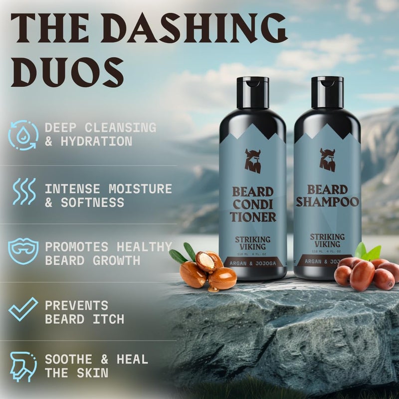 Striking Viking Beard Shampoo and Conditioner Set â€“ 4 Fl Oz Each, Fresh Masculine Scent - Beard Wash and Conditioner for Men - Cleanses & Softens, with Argan & Jojoba Oil - Sulfate & Paraben Free - Image 2